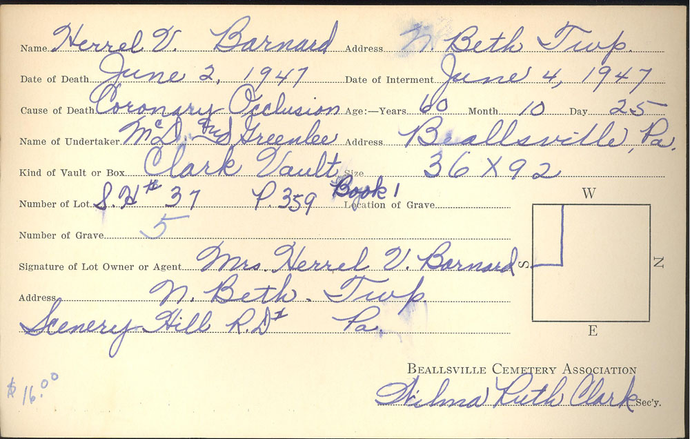 Herrel V. Barnard burial card